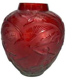 Deco Red Glass Nude Archers Vase after R. Lalique