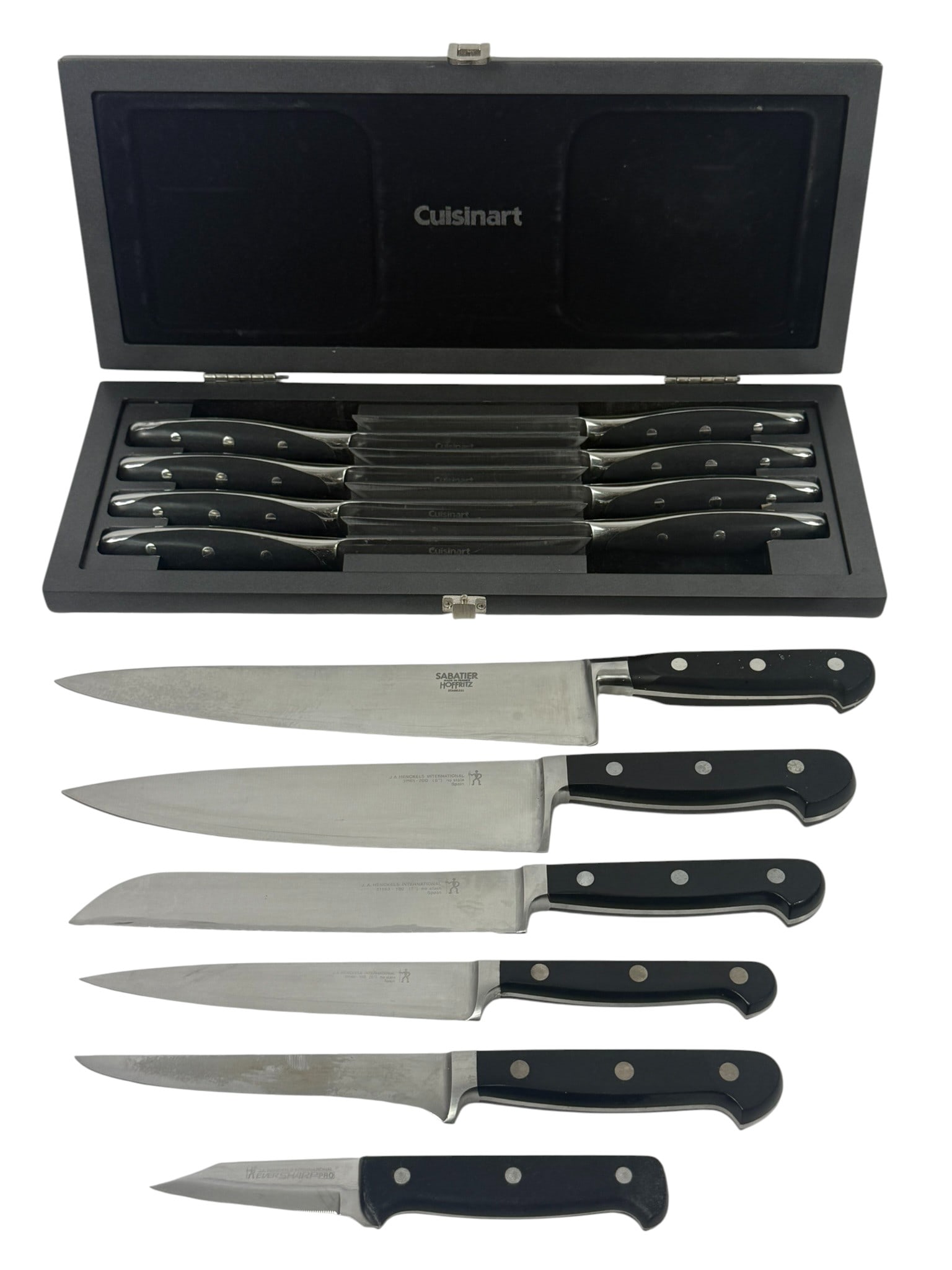 Cuisinart, Henckels & Sabatier Hoffrtiz Knives Set: Lot of (14) fourteen-piece mixed stainless steel kitchenware knives. To include a boxed set of (8) Cuisinart steak knives, (1) Sabatier Hoffrtiz French chef's knife and (5) J.A. Henckels International