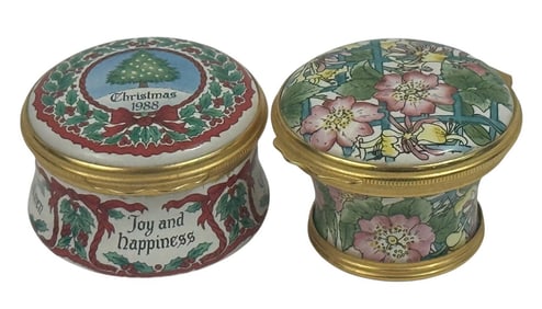 Pr of Halcyon Days Enamel Porcelain Trinket Boxes