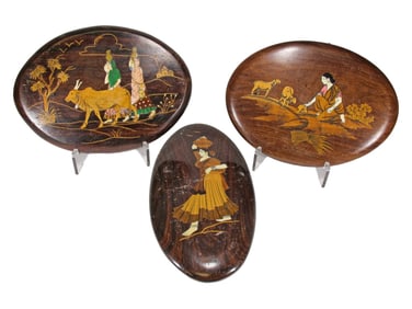 Asian Bone Inlaid on Wood Oval Plaques 3pc LOT