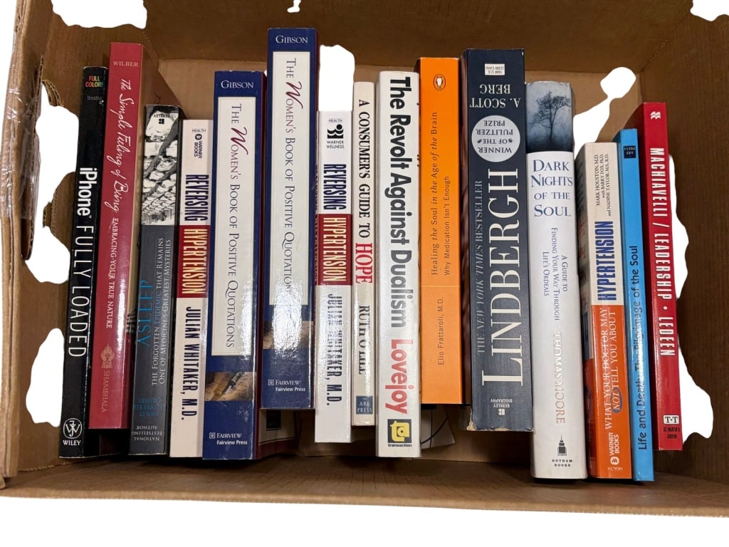 Collection of Assorted Books in a Box 15pc LOT: Collection of 15 hardcover and softcover books on medicine, psychology, spirituality, biography, and leadership, including works by Whitaker, Frattaroli, Berg, Moore, and Machiavelli. The largest meas