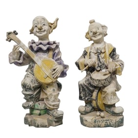 Pair of Chalkware Clown Playing Sculptures
