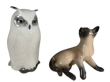 Royal Copenhagen Owl & Cat Porcelain Fig 2pc LOT
