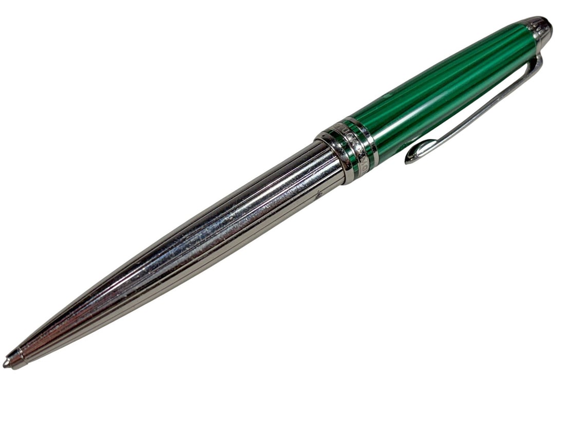 Montblanc Meisterstuck Nikolai Platinum Plated Pen: Montblanc Meisterstuck Nikolai ballpoint pen in platinum-plated metal with emerald-green resin barrel, white star emblem, and engraved trim. Clip is marked 'Germany' with serial number.Dimensions: 5.5