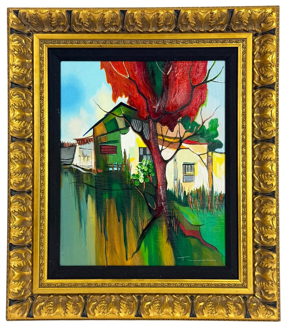 Itzchak Tarkay Landscape Embellished Serigraph: Itzchak Tarkay (Israeli/Serbian, 1935 - 2012) hand embellished serigraph on canvas titled 'Autumn Landscape'. Depicting a stylized tree with vibrant foliage in front of a house. Signed to the lower ri