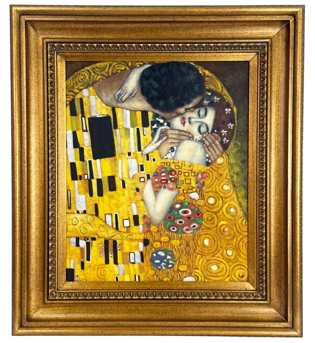 'The Kiss' Oil Painting after Gustav Klimt: Romantic oil painting on canvas featuring an embracing couple with geometric patterns and gold-tone highlights executed after Gustav Klimt's (Austrian, 1862 - 1918) work titled 'The Kiss'.Work Size: 2