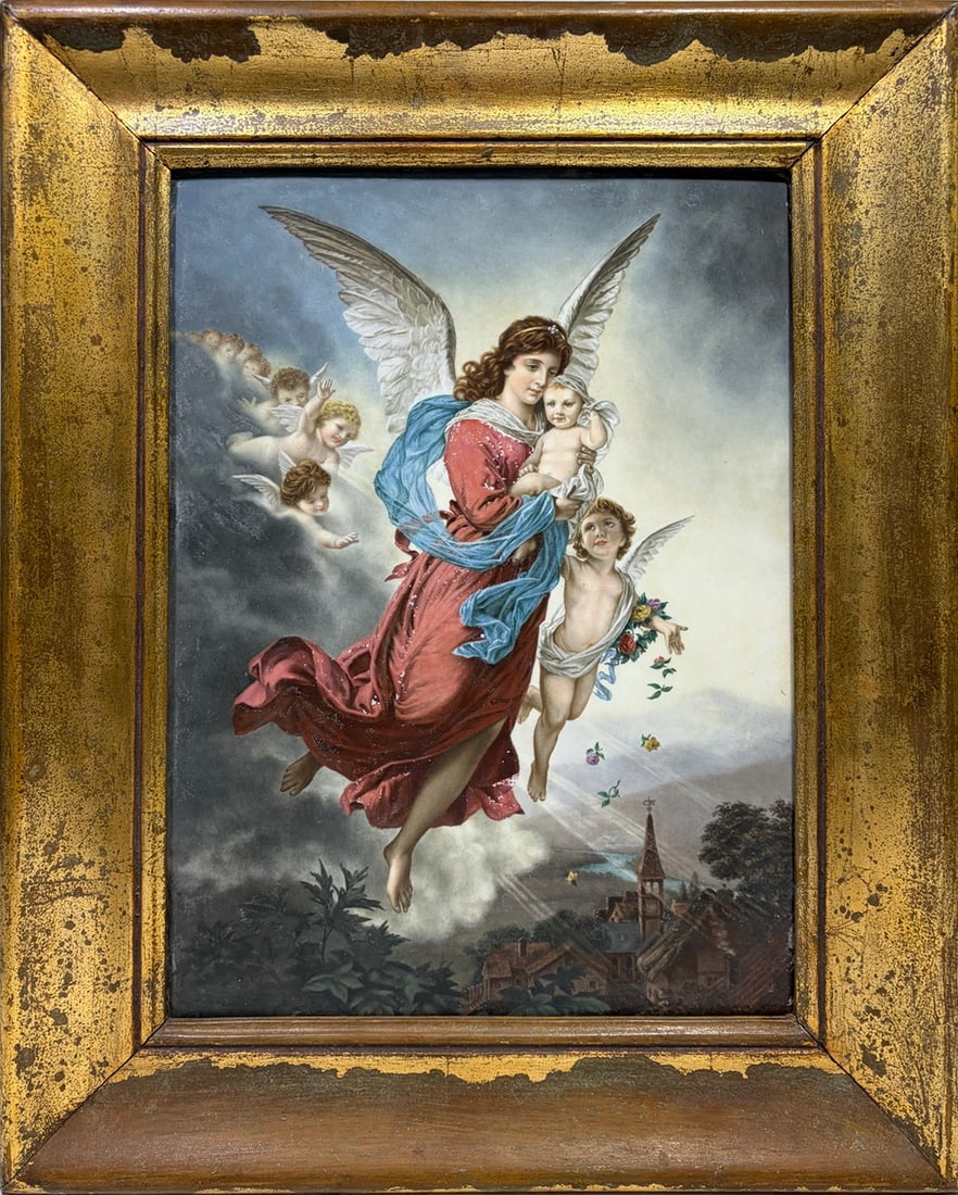 KPM German Guardian Angel Porcelain Plaque: KPM Berlin, Germany hand-painted porcelain plaque depicting a guardian angel holding a child among cherubs over a village landscape. Impressed marks on its reverse.Work Size: 15.75 x 11.5 in.Dimension