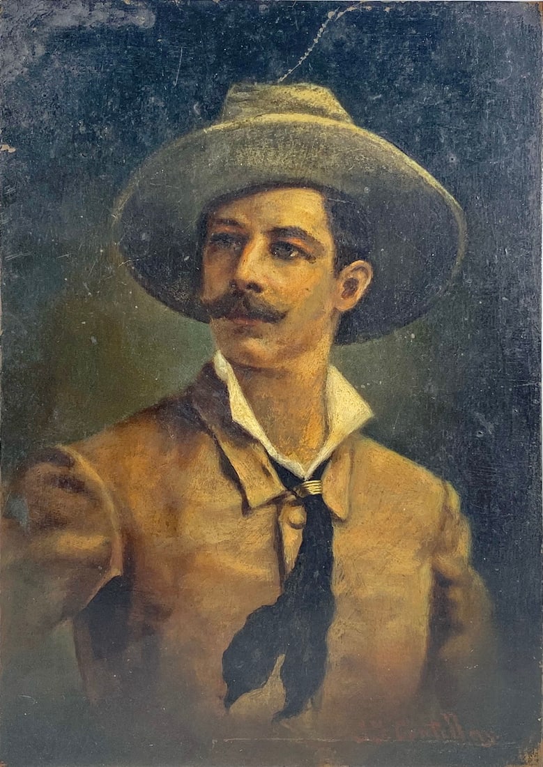 J Centellas Portrait Oil Painting on Copper SIGNED: Antique European oil painting on copper depicting a portrait of a man wearing a hat, mustache, and ascot. Signed by the artist 'J. Centellas' to the lower right corner.Work Size: 7.5 x 5 in.Condition: