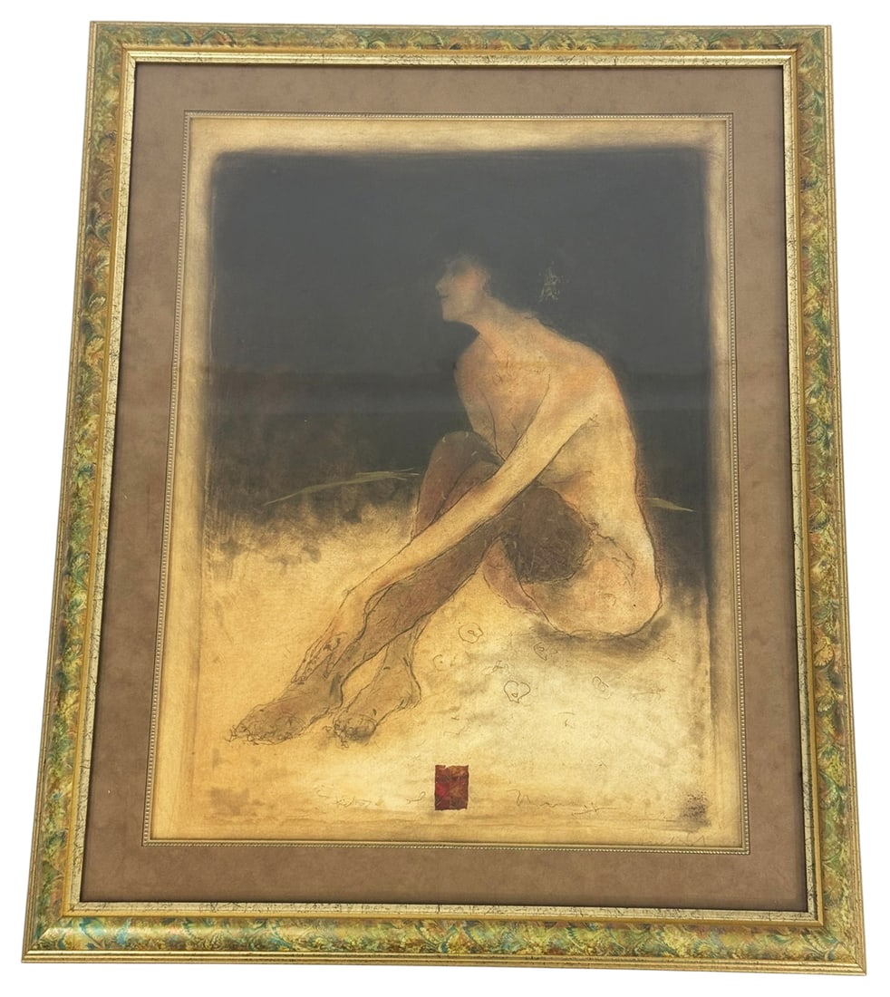 Roy Fairchild-Woodard Sitting Nude Silkscreen: Roy Fairchild-Woodard (English, born 1953) limited edition screenprint in colors on paper titled 'Sitting Nude'. Hand-signed in pencil to the lower right corner. Matted and framed in a layered, patter