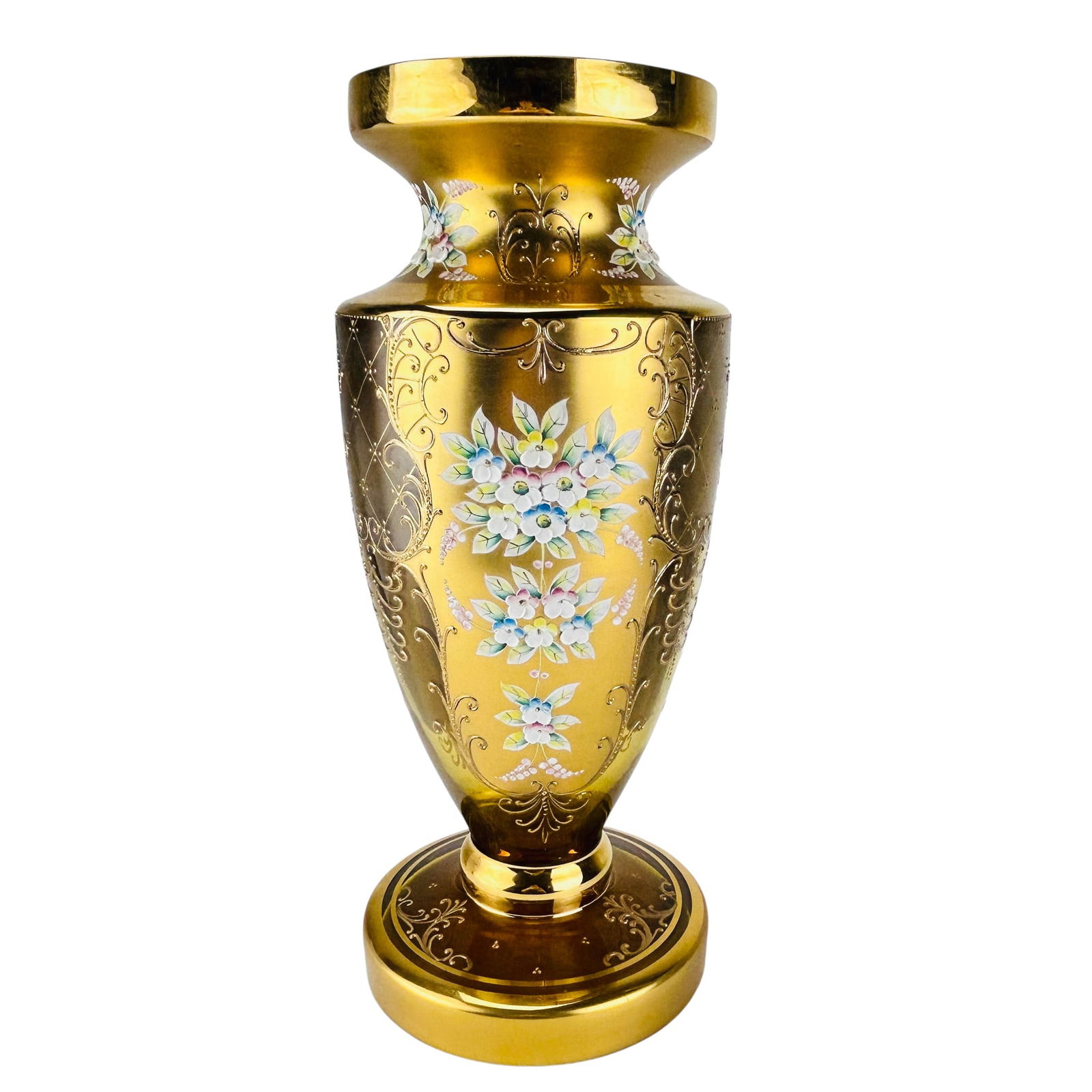 Bohemian Czech Amber Glass Enamel Floral Vase 16": Bohemian Czech, a mid-20th century amber glass vase adorned with elaborate gilding and hand-painted enamel floral motifs. The surface is decorated with raised scrollwork, diamond lattice panels, and m