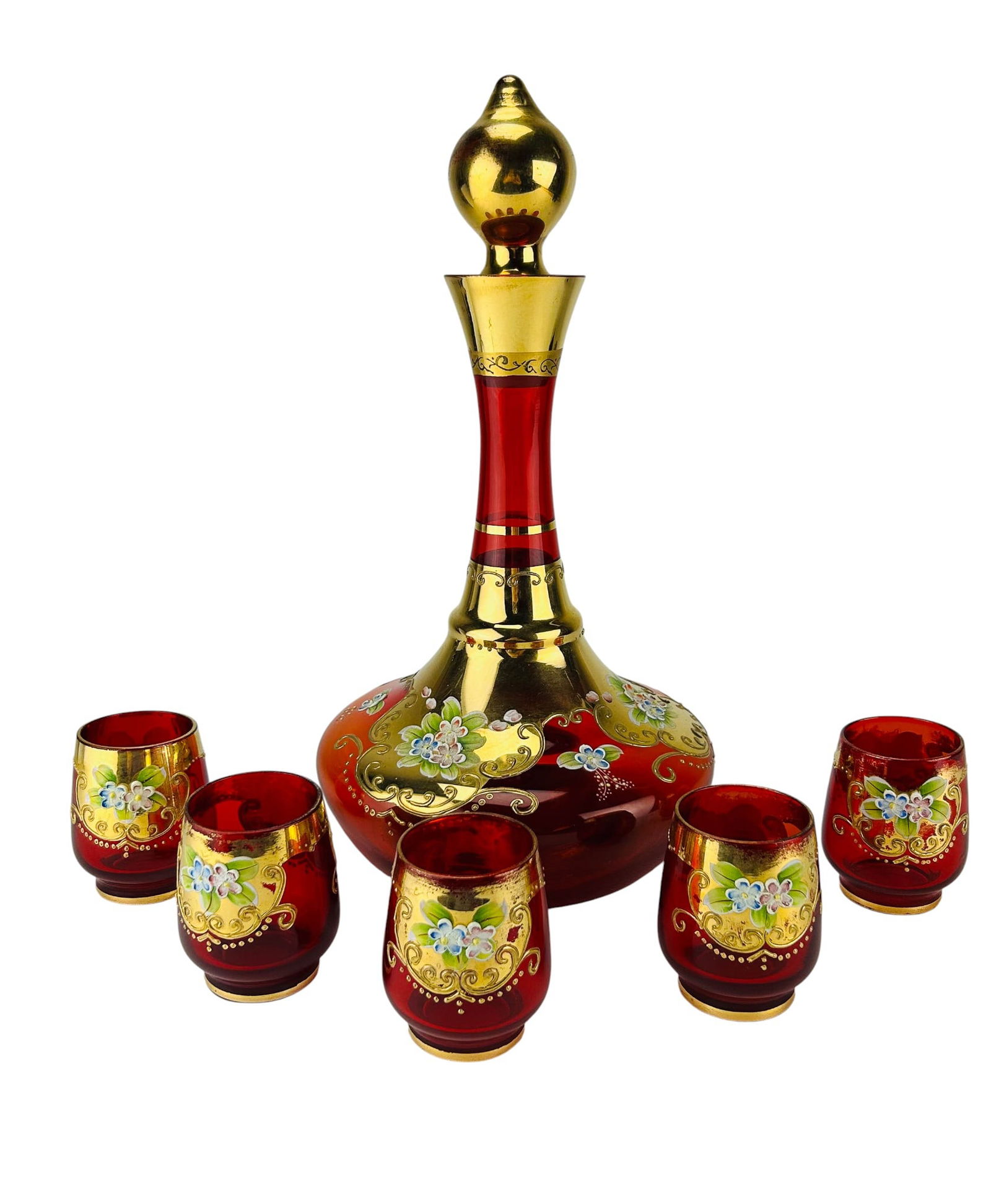 Bohemian Ruby Red Enamel Floral Glass Decanter Set (1 of 9)