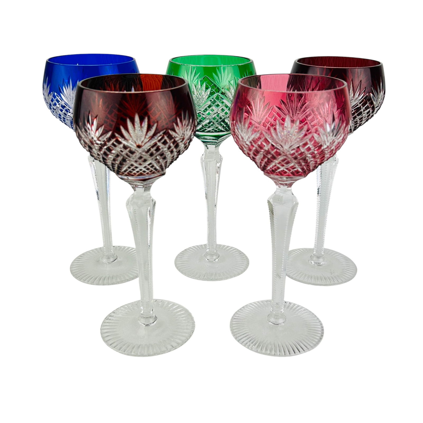 Czech Cut Clear Crystal Barware Wine Goblet 5pcs: Bohemian Czech crystal set of five cut to clear art glass barware wine goblets. Each features a faceted stem and fluted base with brilliant diamond and fan motif bowls. Colors include cranberry ruby r