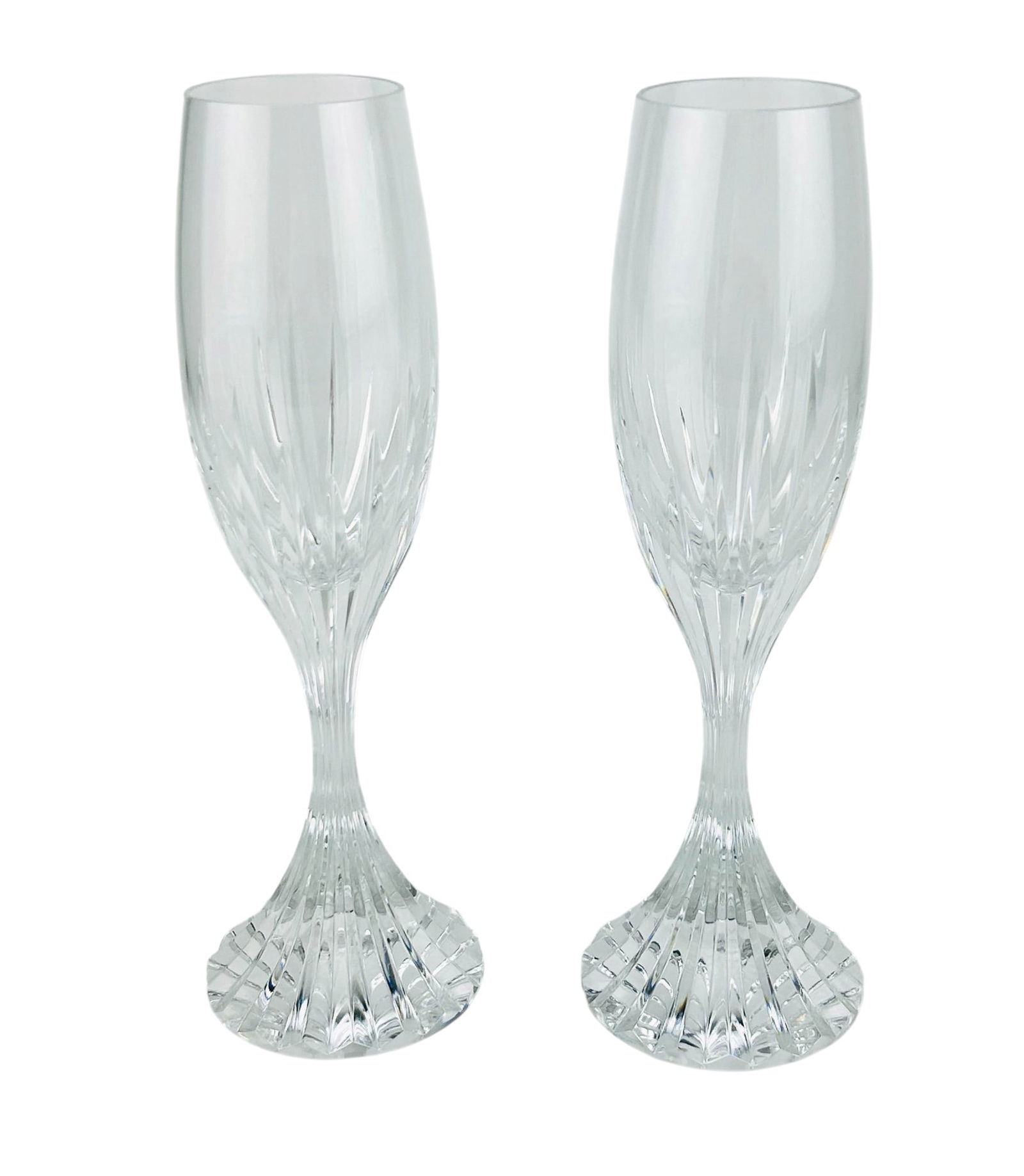 Baccarat Crystal Massena Champagne Flutes 2pc SET: Baccarat France pair of hand-crafted crystal barware champagne flutes from the Massena collection. Introduced in 1979. Each featuring a fluted stem with deep vertical cuts rising into the bowl. Smooth
