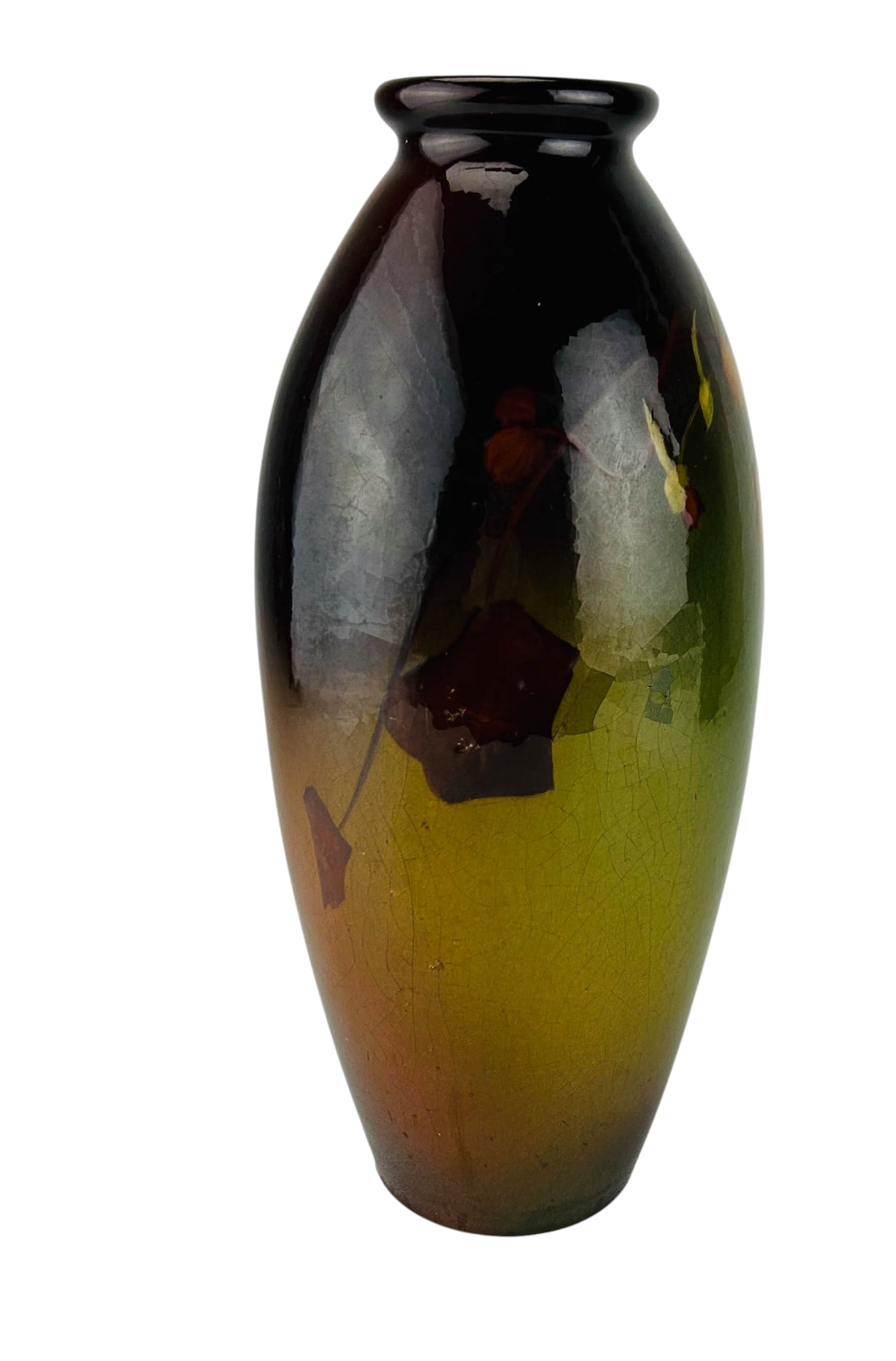 Weller Louwelsa Art Pottery Floral Vase 12" SIGNED: Weller American Art Pottery tall Louwelsa vase with hand painted nasturtium flowers under a high gloss brown glaze. Signed on the side with artist's initials and impressed Weller Louwelsa on the base.