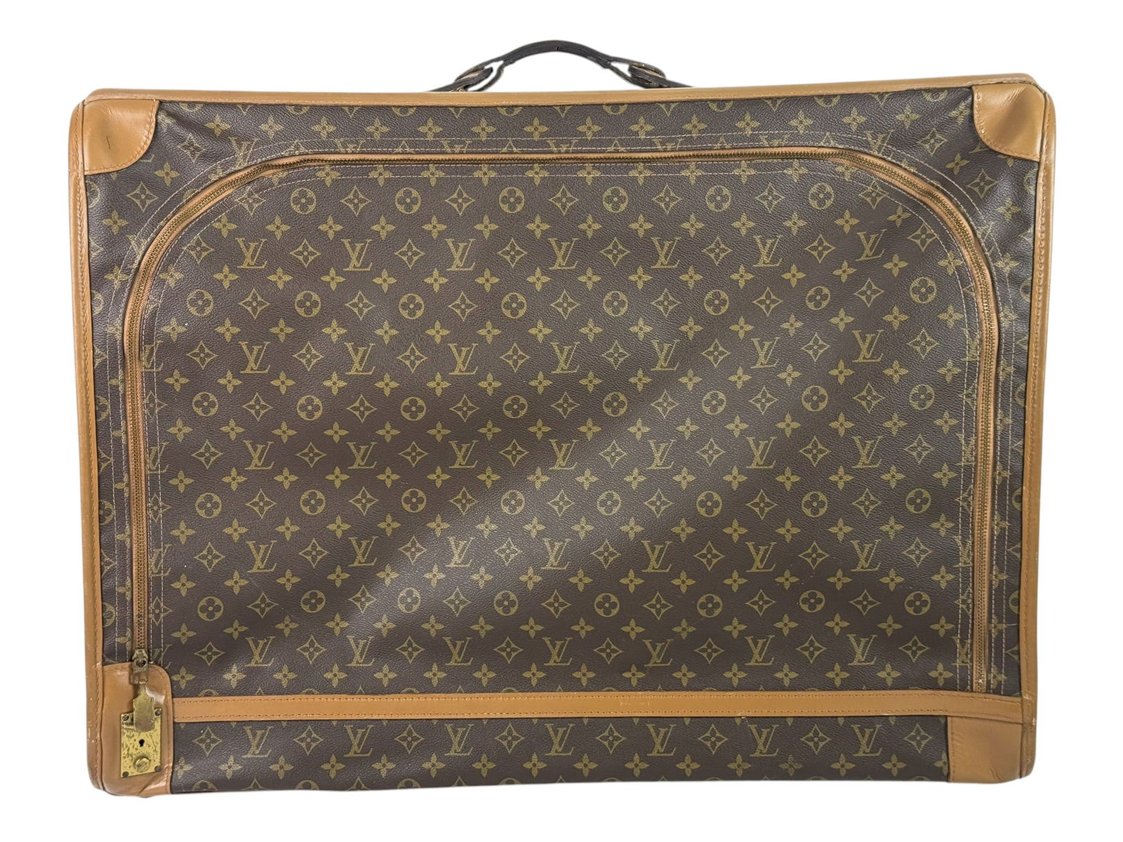 Louis Vuitton Monogram Canvas Leather Garment Bag: Louis Vuitton monogram coated canvas leather travel garment bag. Featuring a brown fabric lining with elastic pockets and straps for securing garments to the interior. Along with a double zipper closu