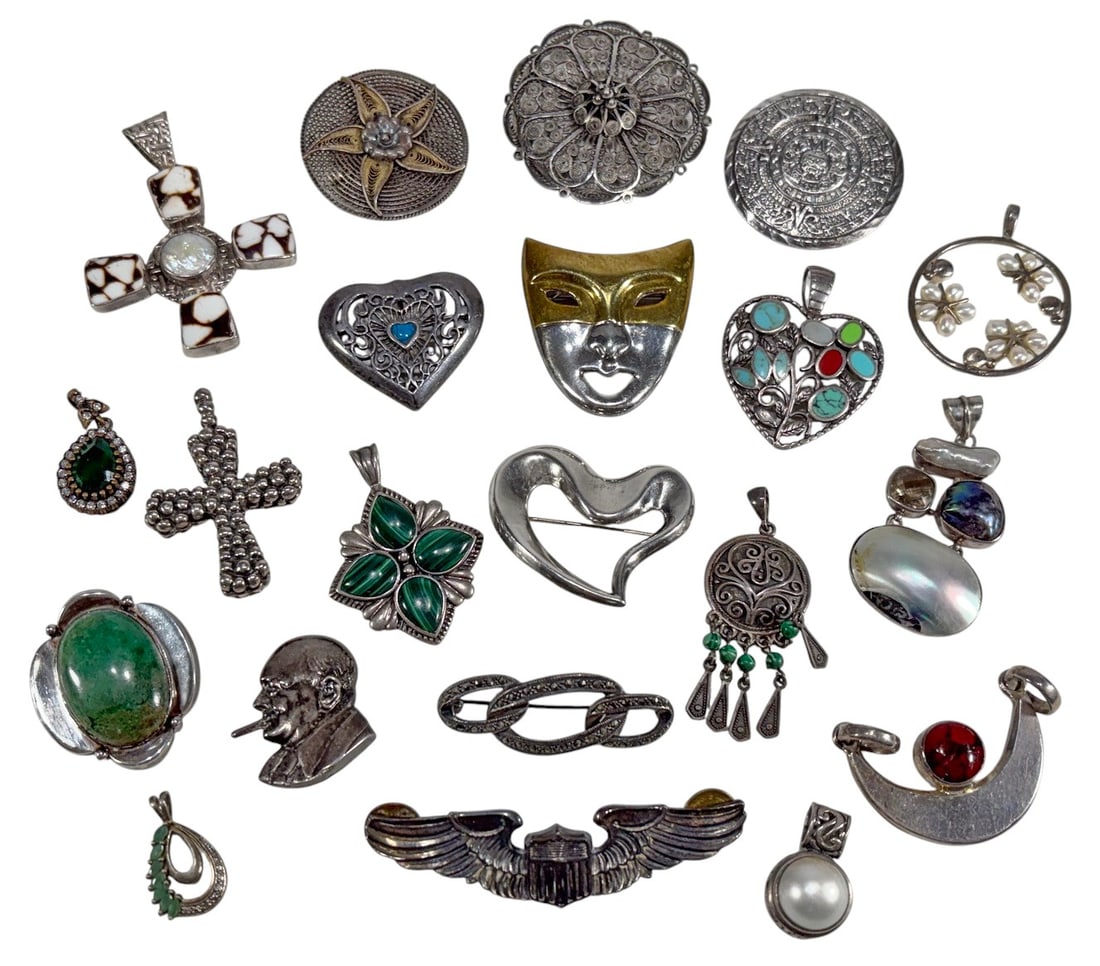 Sterling 925 & Stones Pendants & Brooches 21pc LOT (1 of 6)