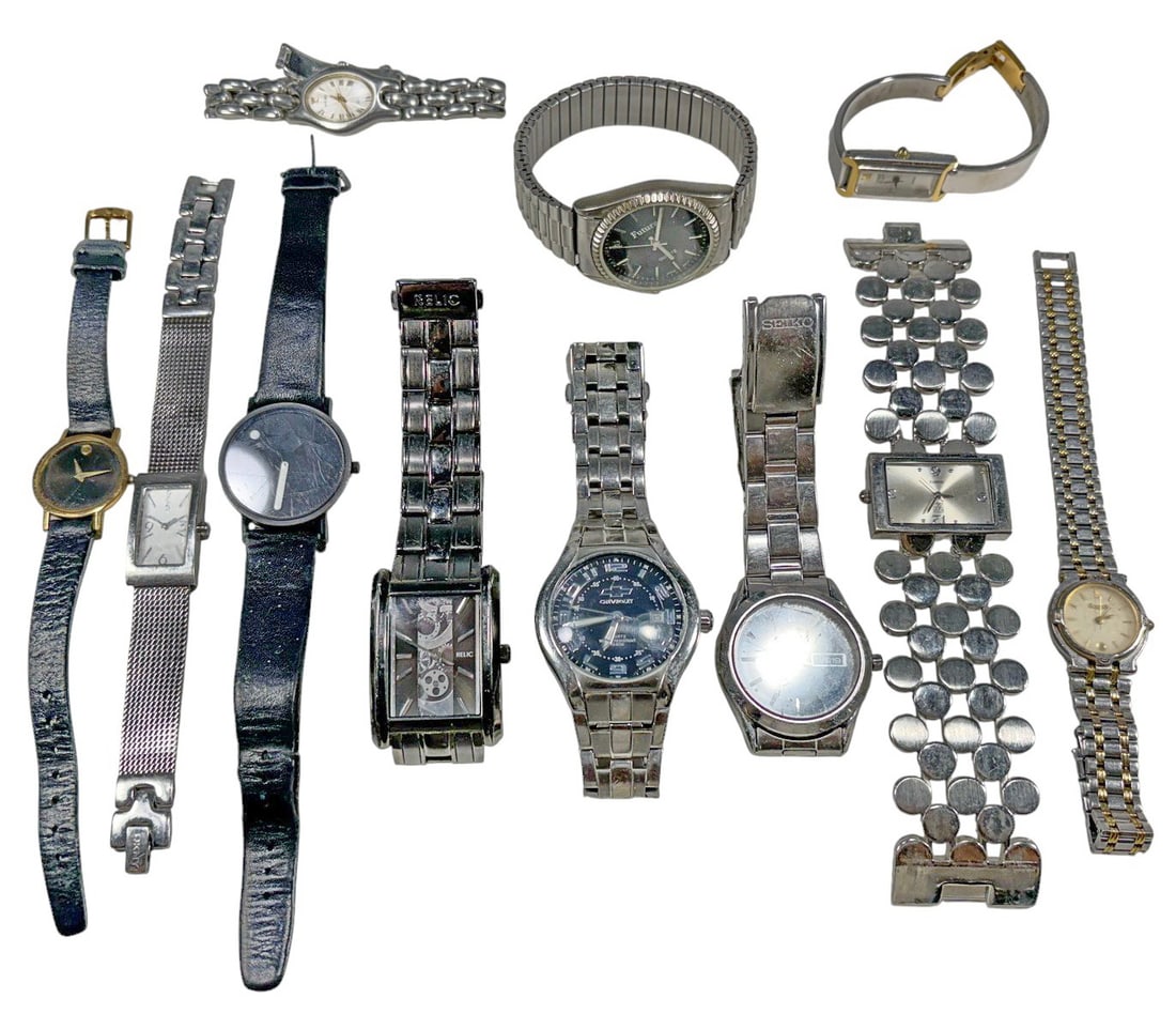 Seiko, Movado, Gucci, DKNY & Others Watches 11pcs: Collection of eleven wristwatches including Seiko, Movado, Gucci, DKNY, Anne Klein, Relic, NY & Company, Chevrolet, Futura, and Pictowatch by Georg Christensen. Mixed men's and women's styles in stain