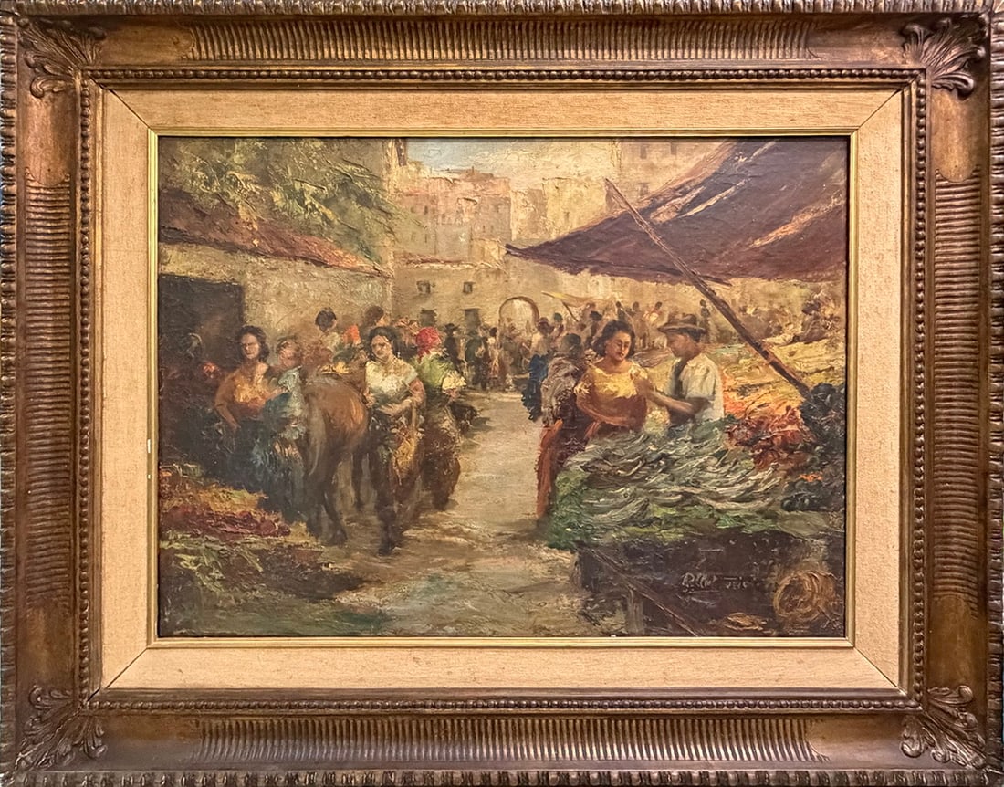 Antique Market Oil Painting on Canvas SIGNED: Oil on canvas of a lively village market with warm tones, in a loose Impressionist style with impasto brushwork and ornate giltwood frame. Illegibly signed to the lower right. Work Size: 23 x 31 in. D