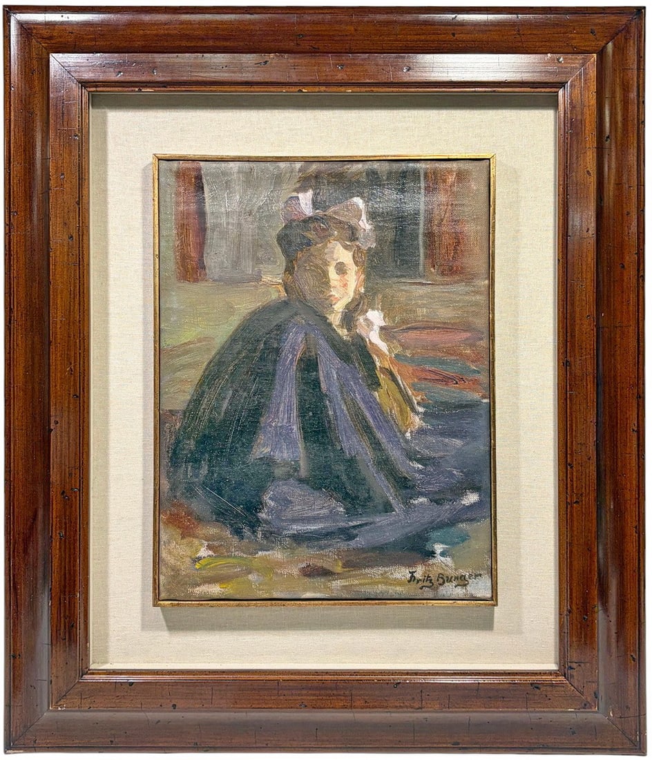 Signed Fritz Burger Woman Oil Painting on Canvas: Oil painting on canvas of a seated woman in loose, expressive brushstrokes, wearing a dark cloak and hat with pink accents, in muted blue, brown, and gray tones, framed in a wide wood frame with linen