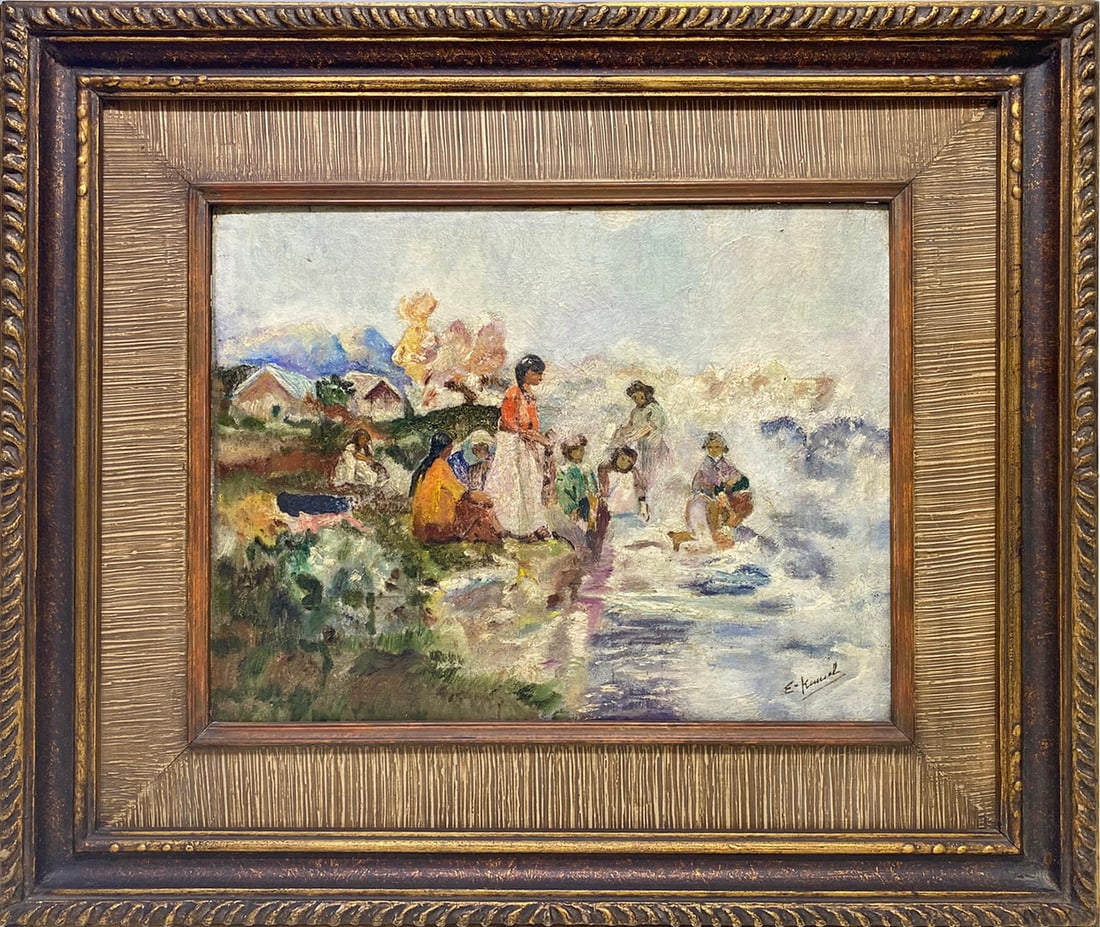 Vintage Impressionist Oil Painting on Board SIGNED: Vintage Impressionist oil on board of villagers by the water with rich impasto, framed in carved gilt wood and signed to the lower right. Work Size: 10.75 x 13.75 in. Dimensions: 18 X 21 X 1.5 in. <