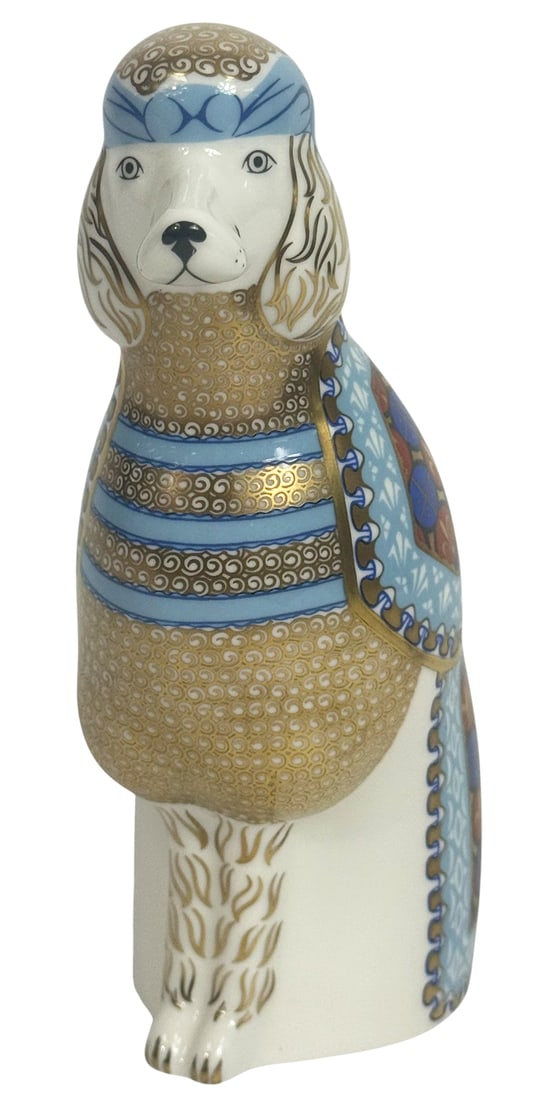 Royal Crown Derby French Poodle Porcelain Figure: Royal Crown Derby bone china French poodle figurine titled 'National Dogs - French Poodle'. Features intricate hand-painted detailing in an Imari style patterning. Dated: 1989. Bears red stamp marking
