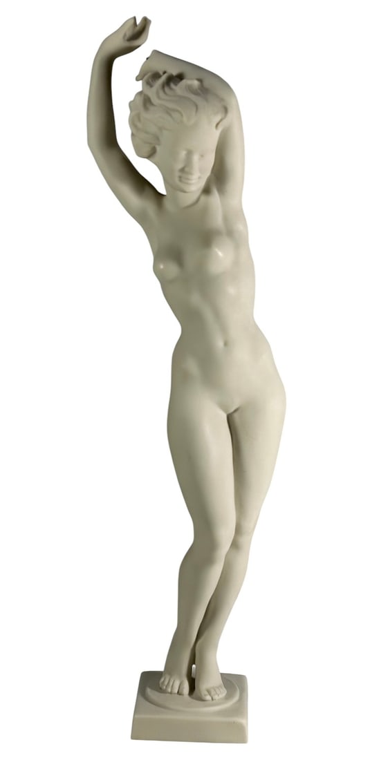 Hutschenreuther Nude Porcelain Figurine by Werner: Carl Werner (German, 1895 - 1980) Hutschenreuther bisque porcelain nude depicting a graceful standing female with slightly bent legs and raised arms. Marked Hutschenreuther Selb Germany with impressed