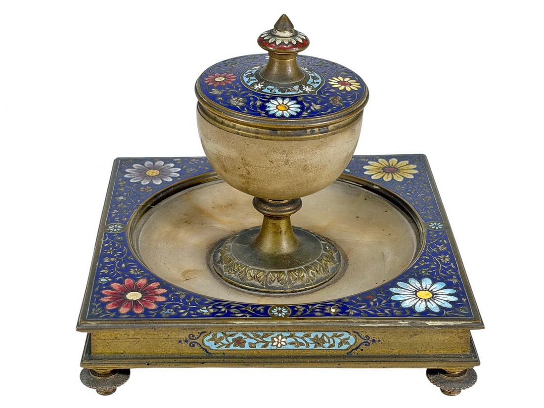 Antique Bronze Champleve & Onyx Inkwell (1 of 8)