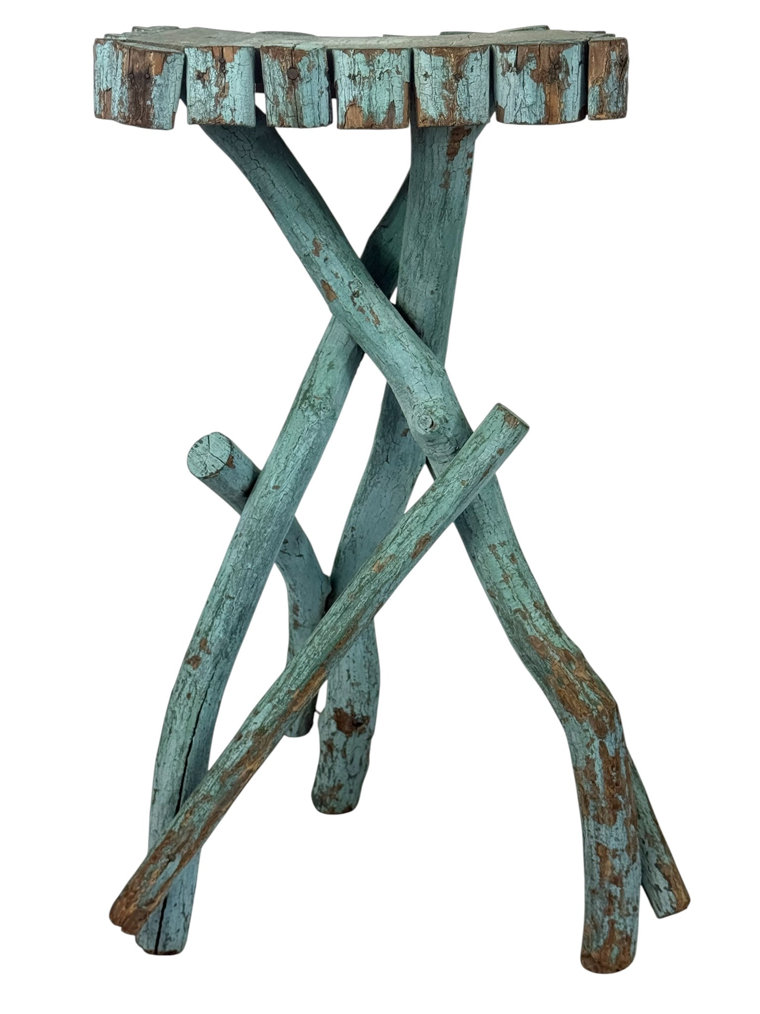 Rustic Blue Wood Folk Art Accent Log Side Table (1 of 4)