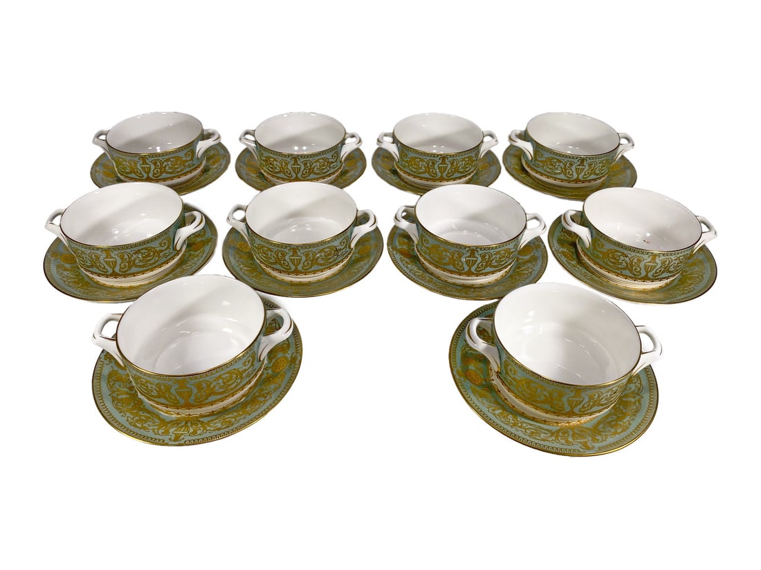 Royal Worcester Balmoral Consome Bowls 10pc LOT: Elegant 1966 Royal Worcester Balmoral pattern set of fine bone china consomme bowls and saucers, featuring intricate gilt scrollwork on pale green. Marked 'Copyright 1966 Royal Worcester Balmoral Engl