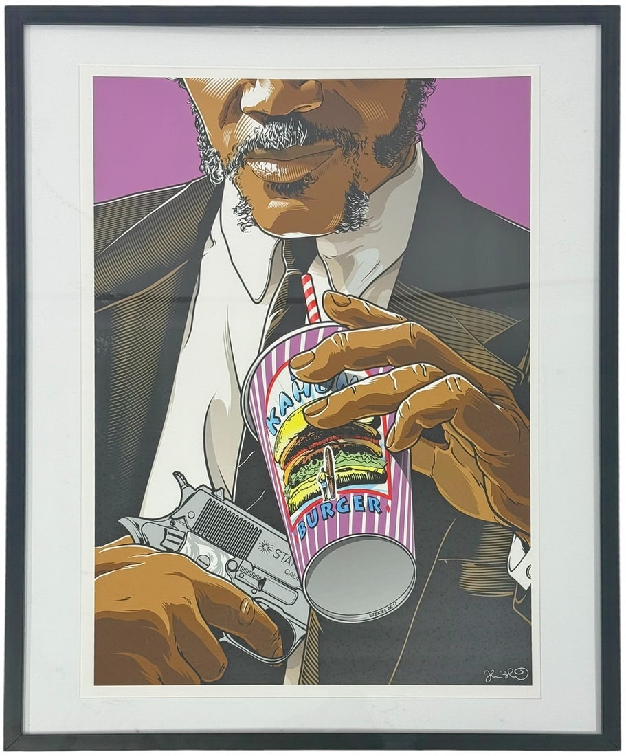 Joshua Budich Pulp Fiction Pop Art Poster Print: Joshua Budich (American, 20th/21st century) framed pop art print depicting a stylized close-up from Pulp Fiction with character Jules Winnfield (Samuel L. Jackson) holding a Krabby Burger cup, drink,