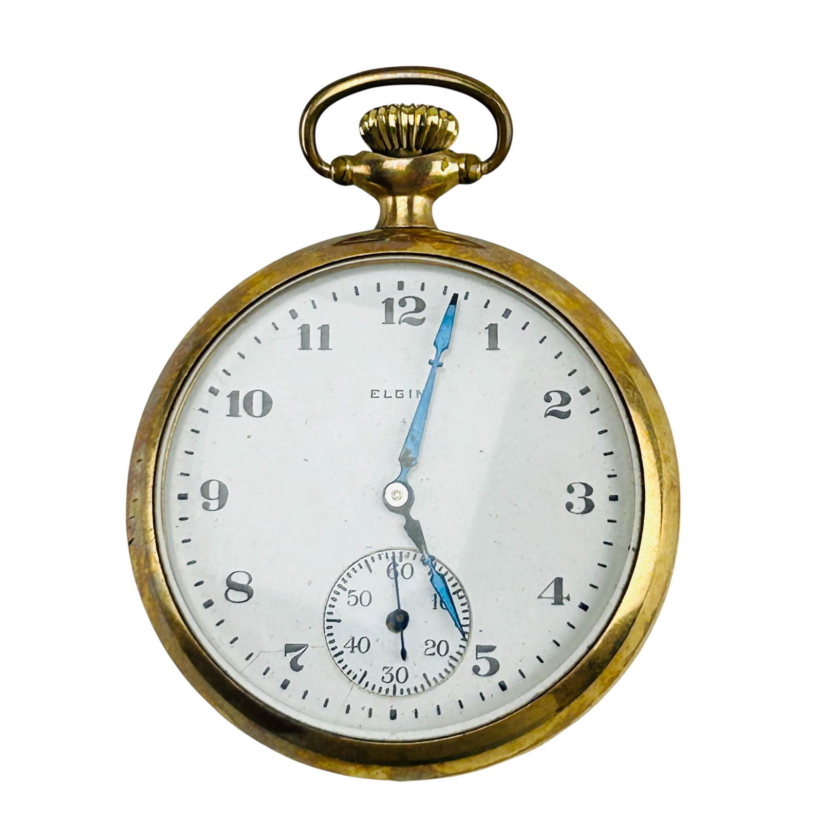 Elgin Gold Filled Case Mechanical Pocket Watch: Elgin National Watch Company vintage mechanical pocket watch housed in a 10K gold filled case by Star Watch Case Company. Features a white enamel dial with black Arabic numerals, subsidiary seconds at
