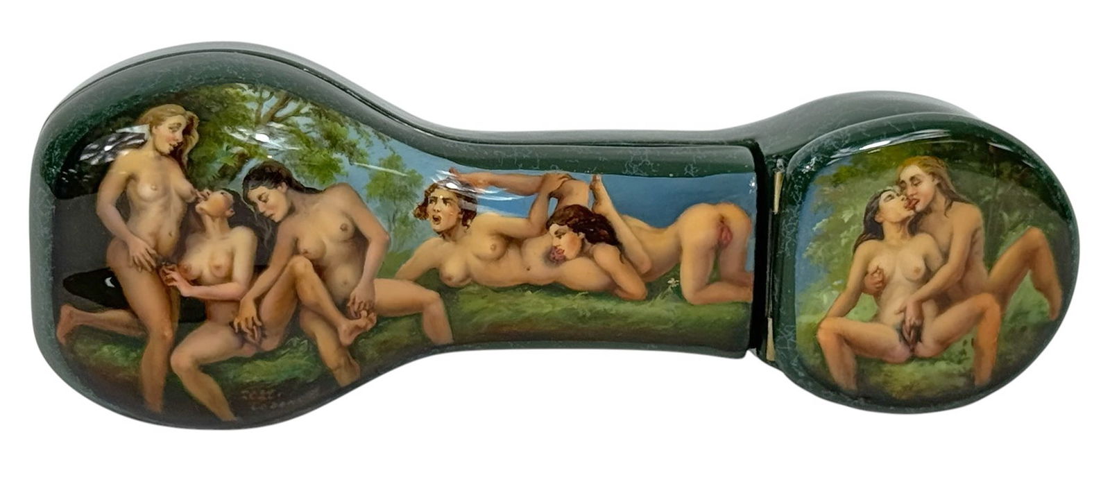 Russian Erotic Hand Painted Lacquer Box SIGNED: Russian hand painted lacquer box depicting erotic lesbian scenes of nude women in a pastoral setting. The hinged, double-lobed form opens to a red lacquered interior. Signed and dated by the artist. D