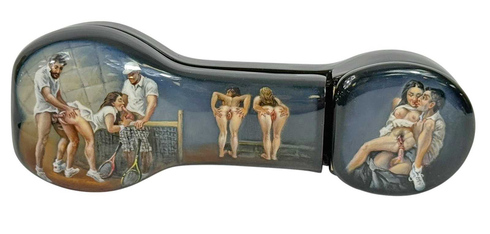 Russian Erotic Hand Painted Lacquer Box SIGNED: Russian hand painted lacquer box featuring erotic heterosexual tennis theme scenes with multiple nude figures having intercourse in detailed interior and outdoor settings. The double-lobed hinged form