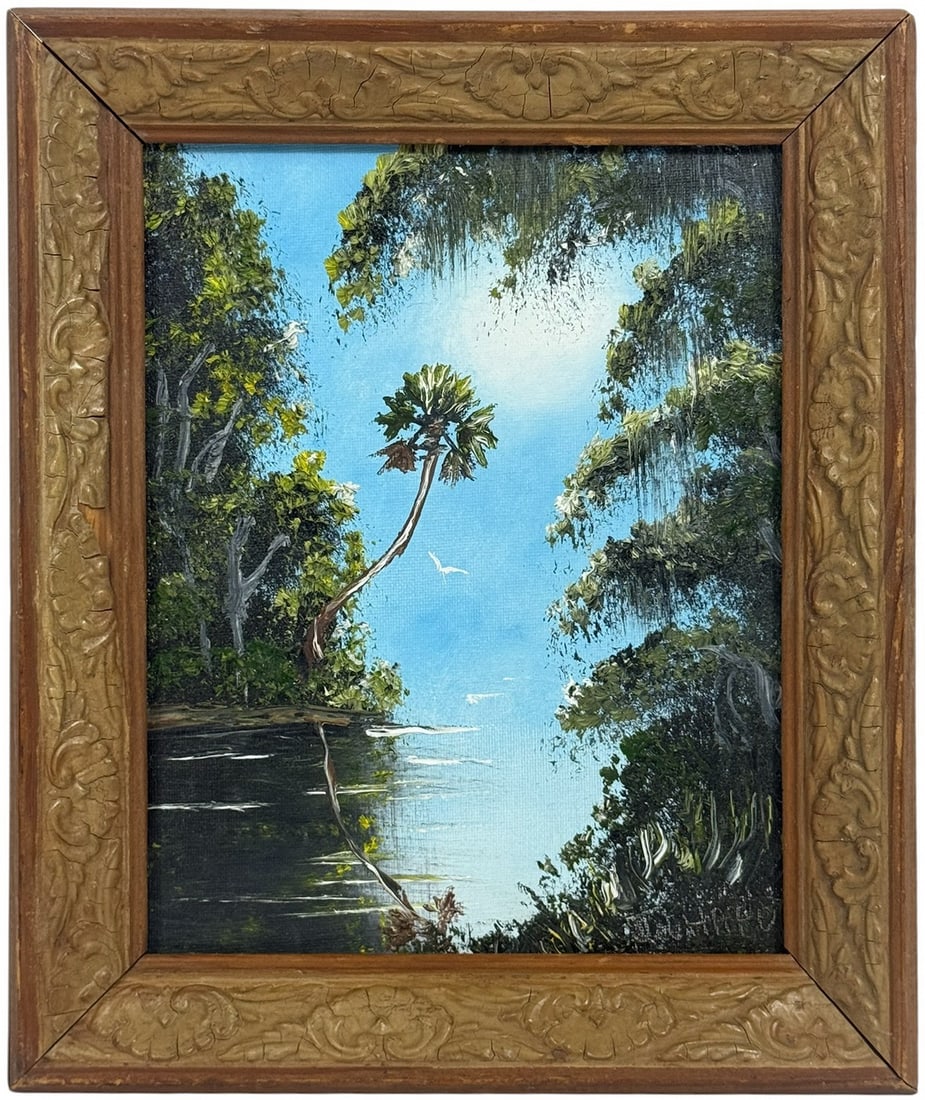 J. Charput 'Misty River' Acrylic Painting on Board: J. Charput (20th/21st century) oil painting on board depicting a serene river scene with two palm trees, rich green foliage, and a bright blue sky. Executed in the style reminiscent of the Highwaymen 