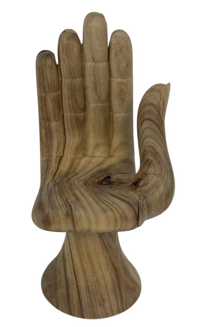 Carved Wooden Hand Sculpture after Friedeberg: Carved wood sculpture in the form of an upright open palm. Crafted from a single piece of wood designed after Pedro Friedeberg's (Mexican/Italian/American, born 1936) open hand models.Dimensions: 12 X
