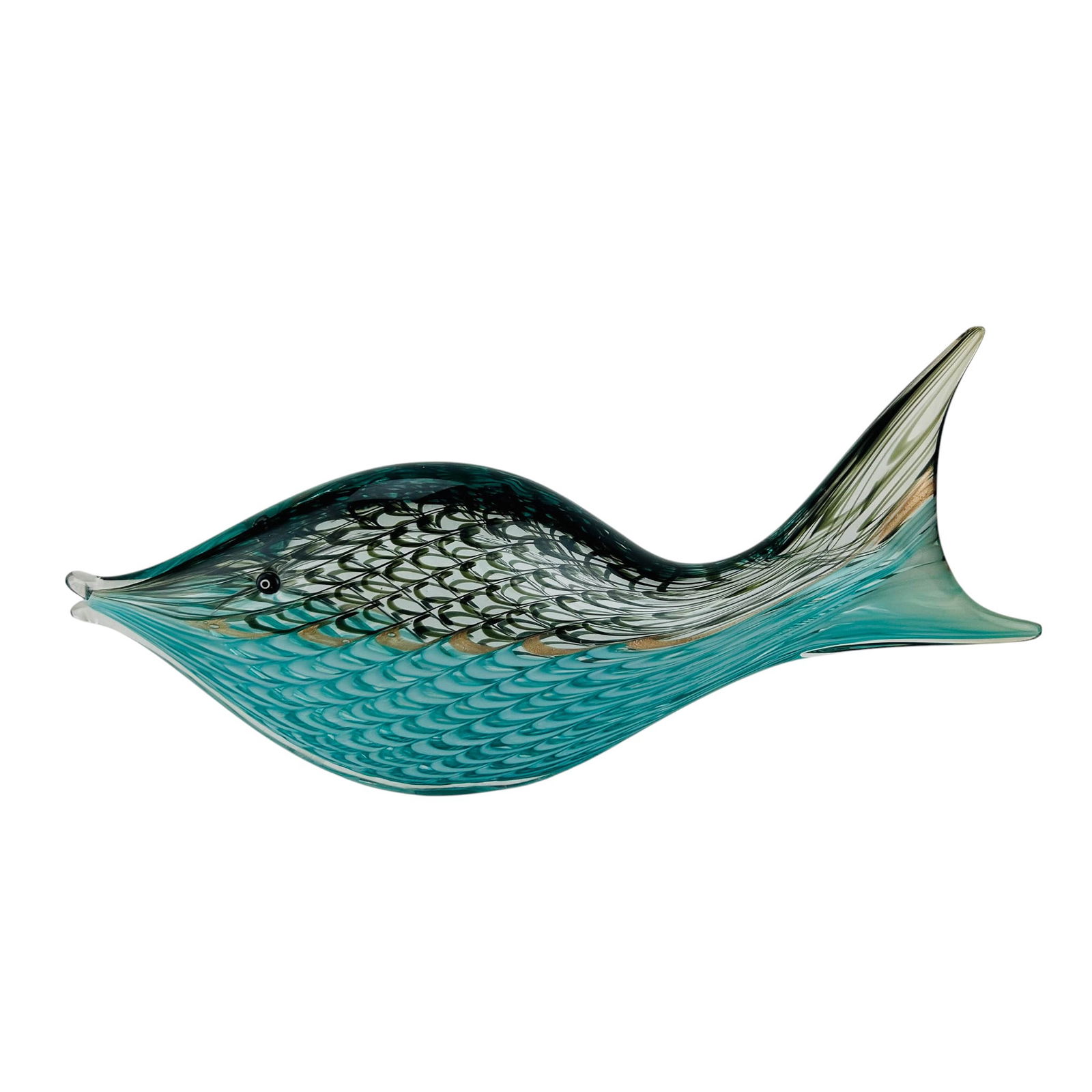 Murano Studio Cased Glass Fish Sculpture SIGNED: Murano Italian studio hand blown art glass tropical coral reef fish sculpture with applied black and white eyes. Body features feathered internal patterning, in teal green and black accents, tapering
