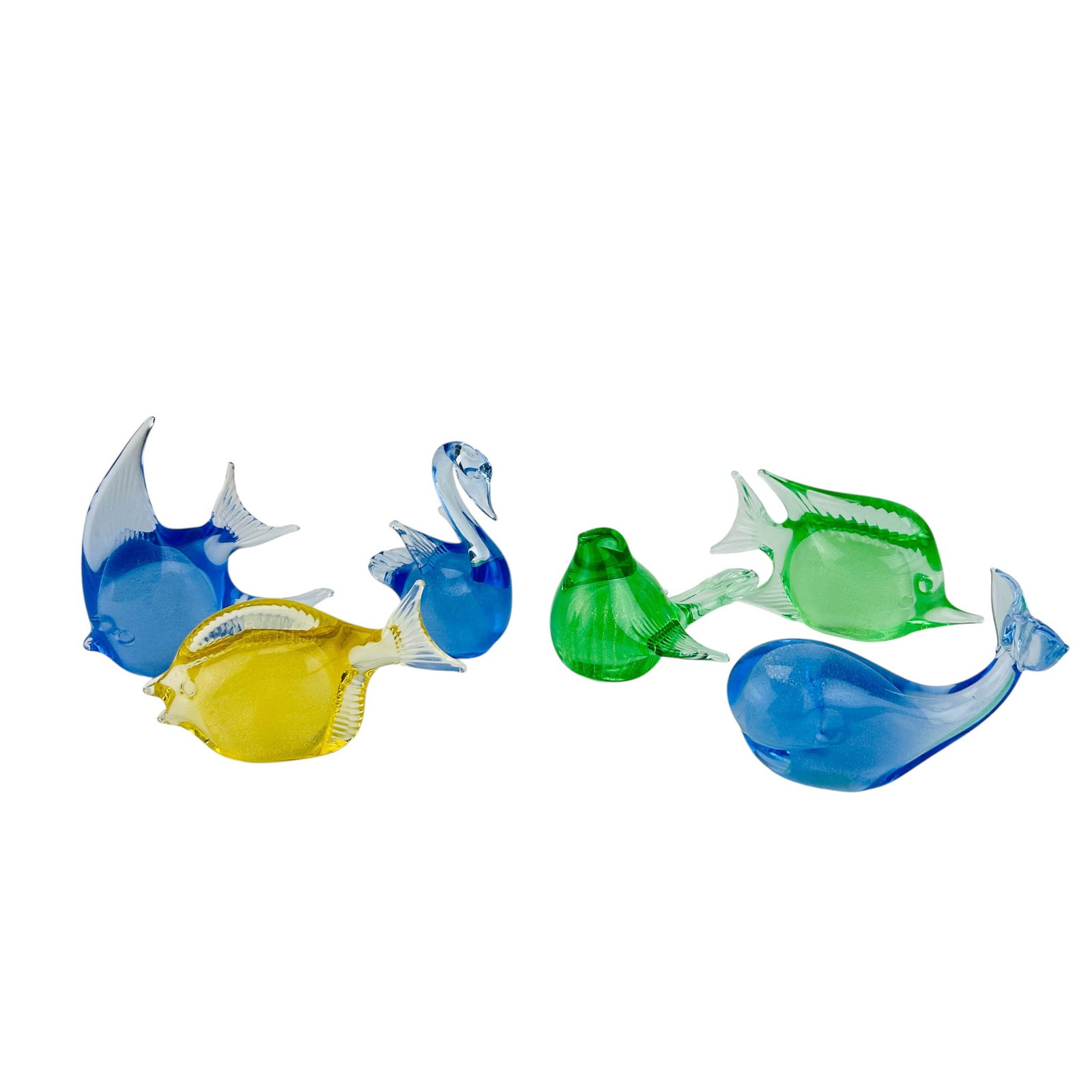 Murano Style Fish Bird Swan Whale Glass Figurines: Collection of six handcrafted crystal art glass animal figurines. Includes two tropical fish, one whale, one angelfish, one bird and one swan. Each features translucent hues of blue, green, and yellow