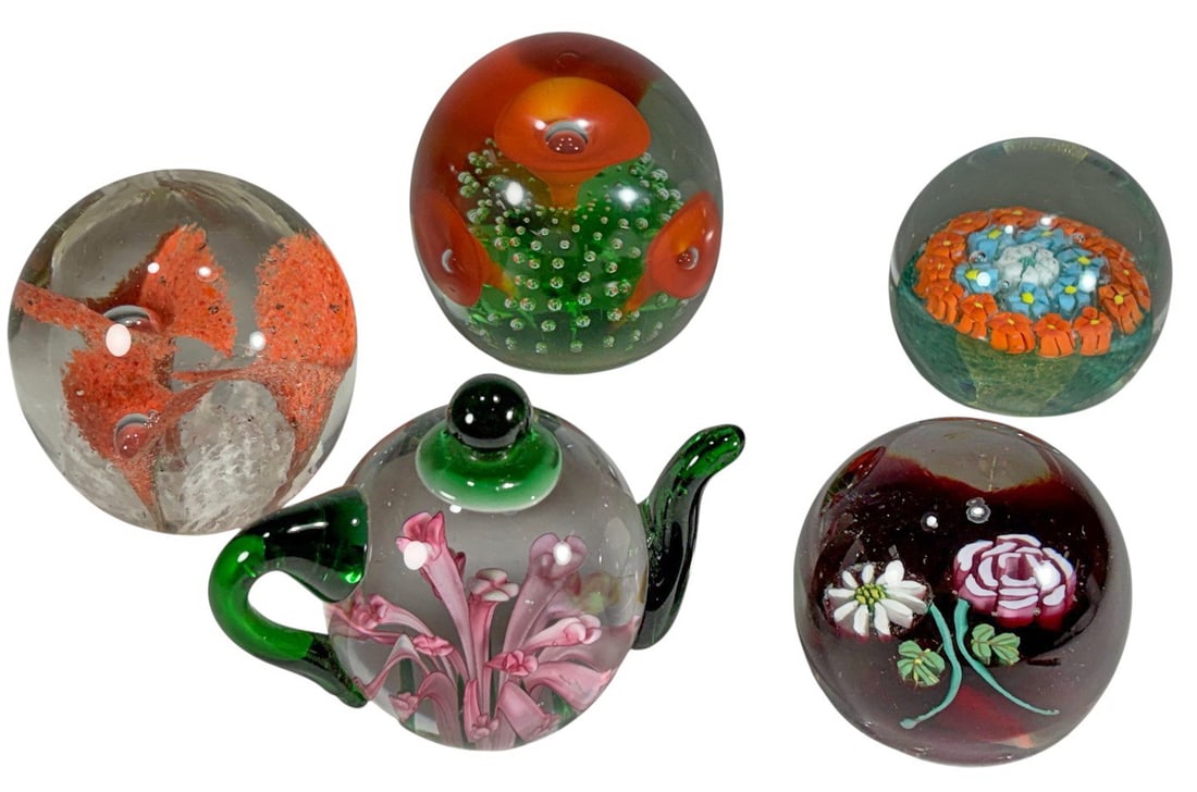 Murano Art Glass Floral Paperweights 5pc LOT: Collection of five Italian Murano floral glass paperweights, including a Dynasty Gallery teapot with pink lilies, millefiori and abstract bloom designs in red, coral, and green tones, each uniquely ha