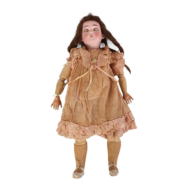 Armand Marseilles Queen Louise Sleep Eye Doll 25": Armand Marseille early 20th century Queen Louise doll featuring a bisque socket head with blue sleep eyes, open mouth with teeth, painted brows, blushed cheeks, and a wig appearing to be mohair. Mount