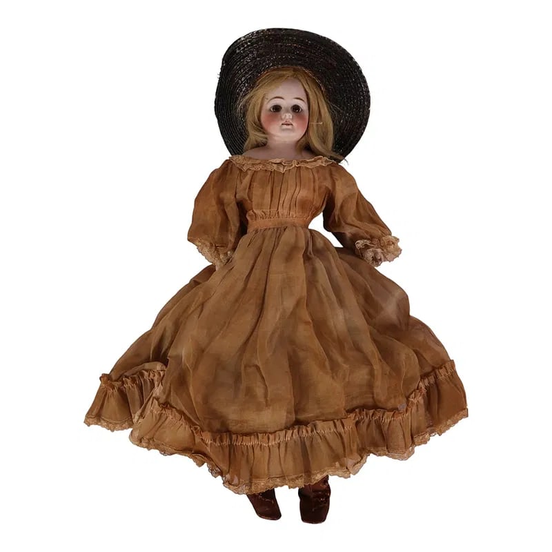 German 20thC Bisque Porcelain Composition Doll 21": Antique German bisque porcelain head doll late 19th to early 20th century. Modeled with brown glass eyes, painted brows and lashes, open mouth with teeth, blushed cheeks, and a blonde wig possibly moh