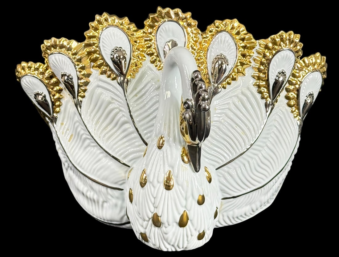 San Marco Capodimonte Peacock Ceramic Centerpiece: Capodimonte Italian ceramic figural peacock centerpiece designed by San Marco. Featuring rich textural detailing with white glazed feathers accented in gold and silver highlights. Bears the blue crown