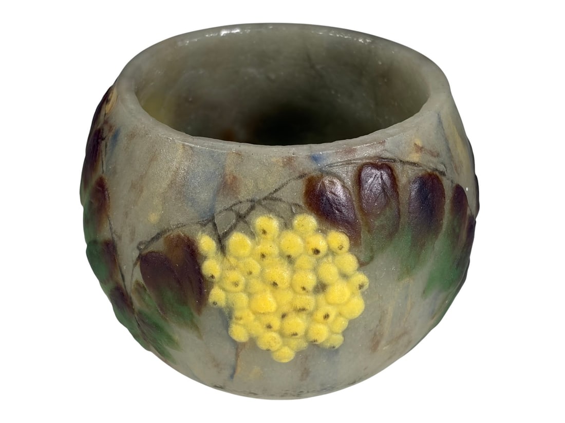 Gabriel Argy-Rousseau b.1885 Cameo Glass Vase: Small Art Deco cameo glass vase by Gabriel Joseph Argy-Rousseau (French, 1885 - 1953), decorated with yellow flower clusters and green leaves on a mottled gray and amber ground. Signed in relief 'Argy