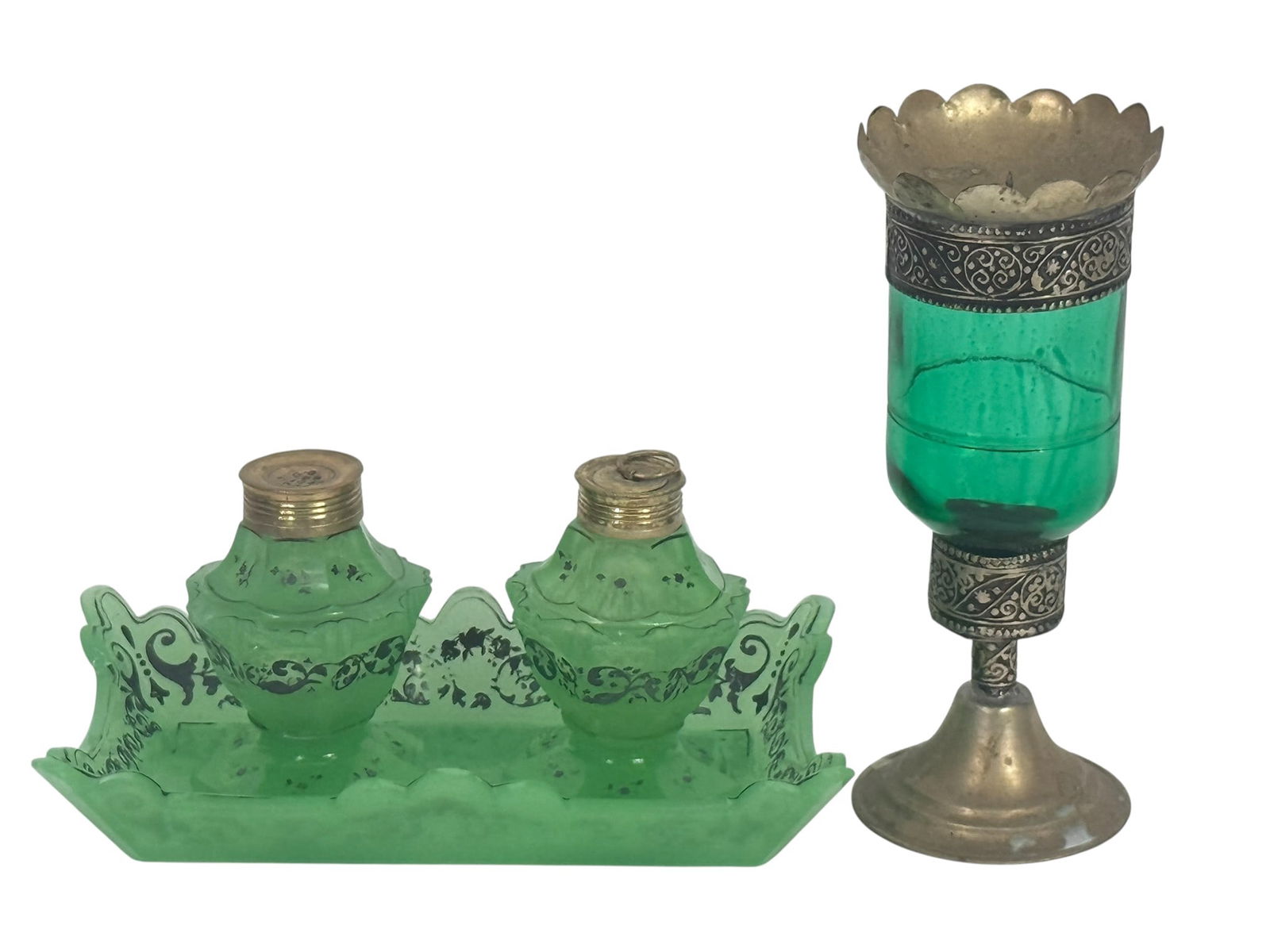 Victorian Uranium Glass Inkwell Set & Goblet 4pcs (1 of 10)