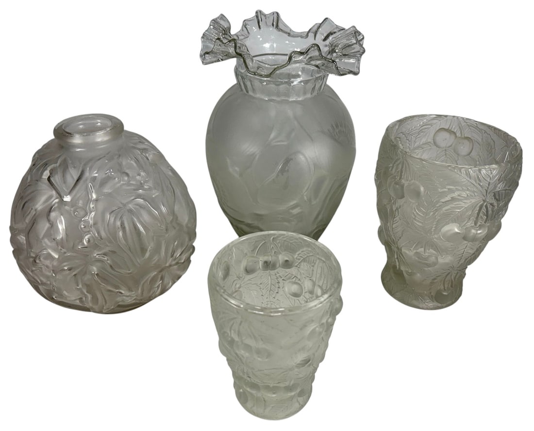 Josef Inwald Barolac & French Glass Vases 4pc LOT: Four Art Deco frosted glass vases featuring Barolac-style molded floral and fruit relief motifs, showcasing soft translucence and elegant design. The largest measures approximately 10.5 inches tall by