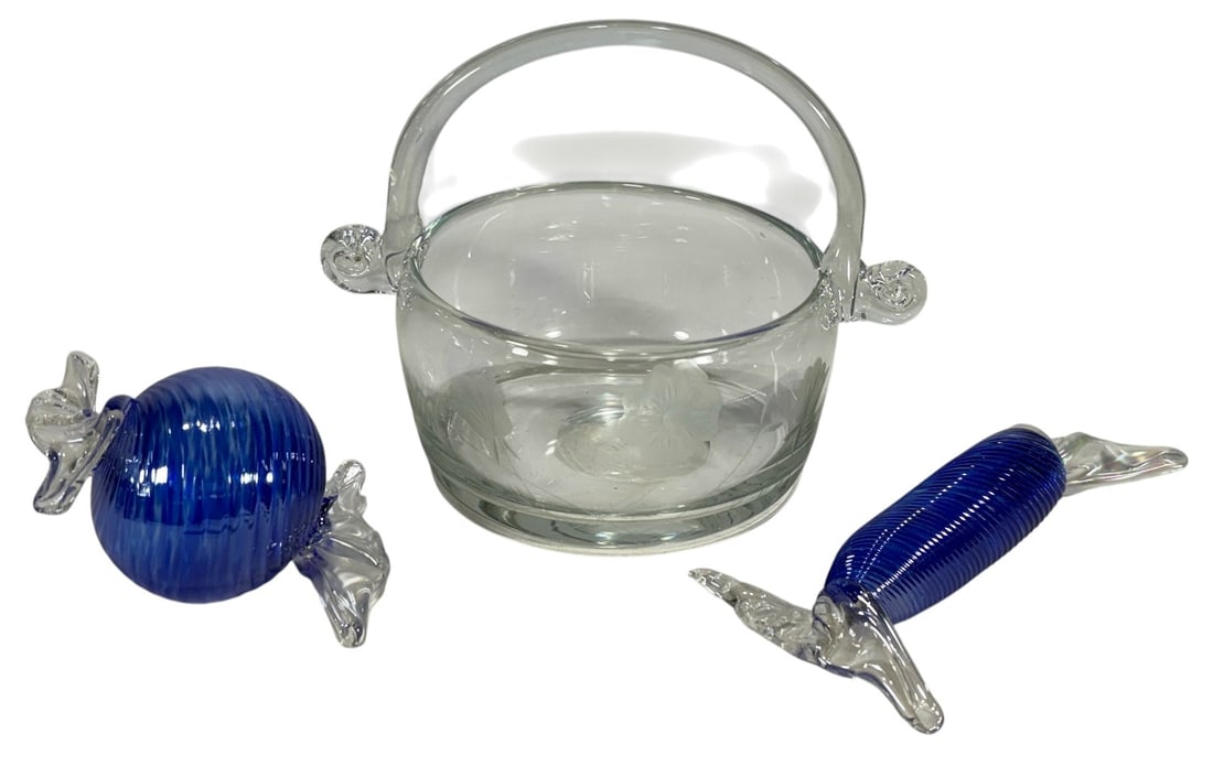 Etched Basket & Candies Glass Sculptures 3pc LOT (1 of 5)
