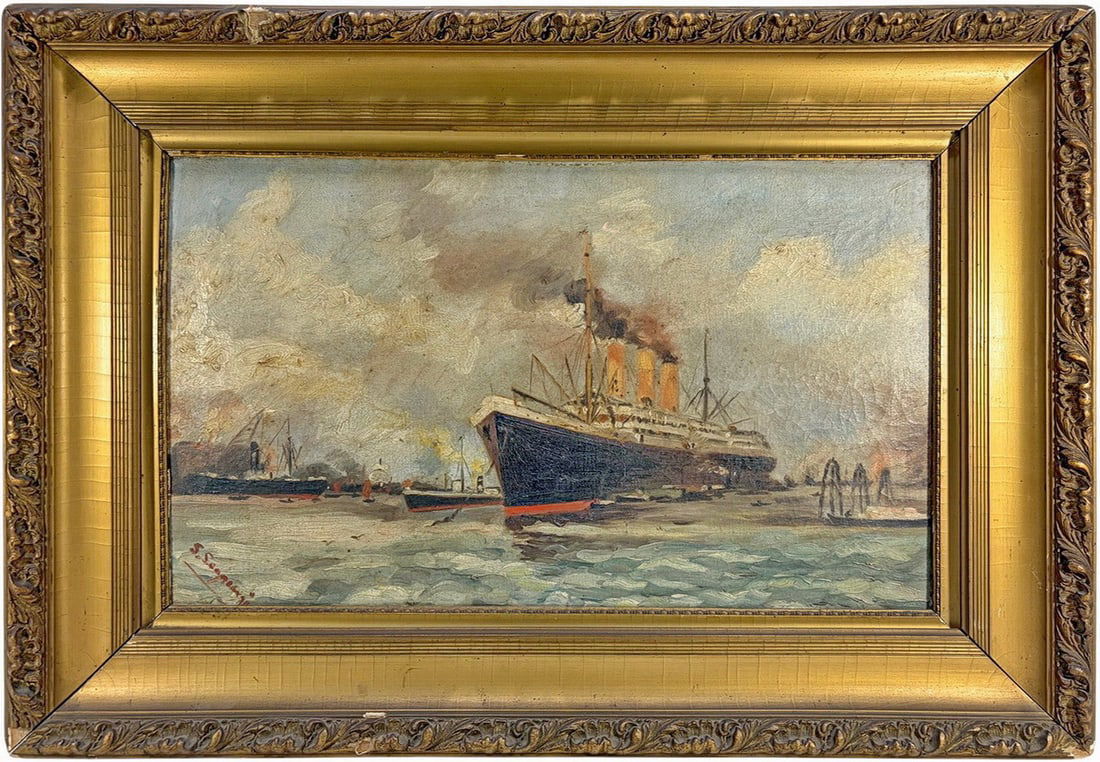 Antique European Harbour Oil on Canvas SIGNED (1 of 7)