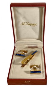 Dupont Lapis Lazuli Gilt Tie Clip & Cufflinks 3pcs