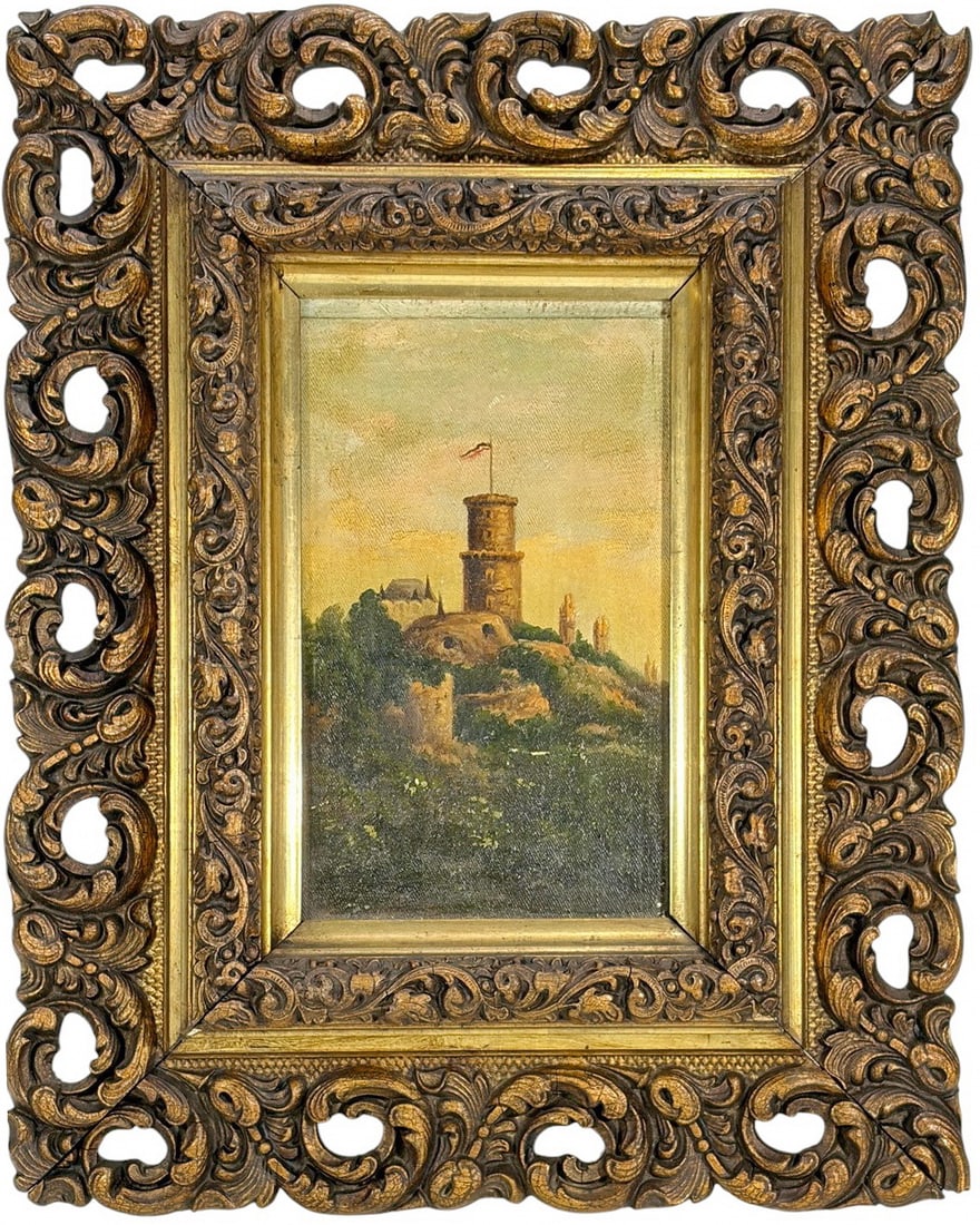 Antique Castle Oil Painting on Canvas on Wood: Antique oil painting on canvas depicting a hilltop castle with central tower and flag in a pastoral landscape, mounted to wood and presented in an ornate carved and gilt wooden frame.Work Size: 7.25 x