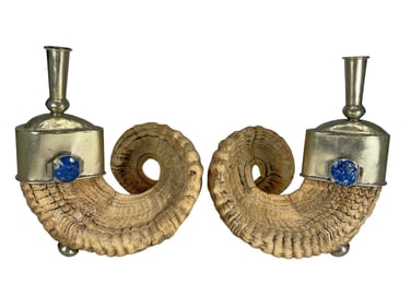 Pair of Ram Horns, Metal Lapis Lazuli Candlesticks