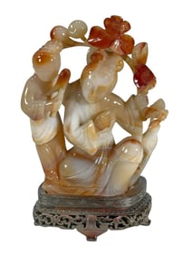 Chinese Carved Agate & Wood Figurine